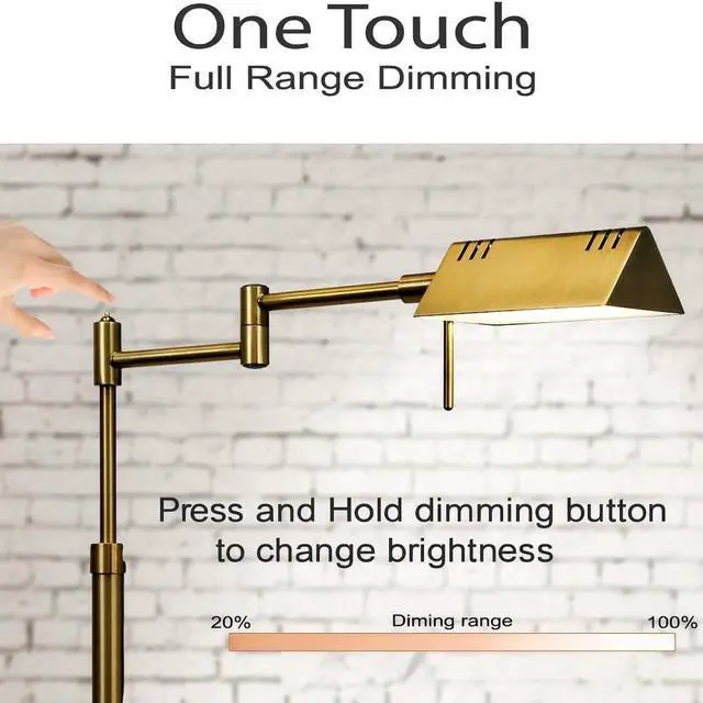Alt view image 3 of 7 - Dimmable LED Pharmacy Floor Lamp, 12W LED, Full Range Dimming, 360 Degree Swing Arms, Adjustable Heights, Standing Lamp for Reading, Sewing, and Craft, ETL Listed, Antique Brass (Gold)