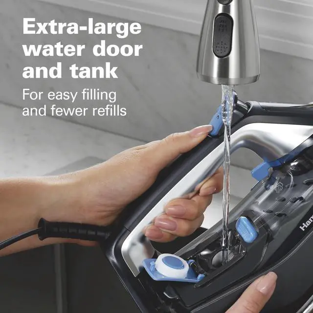 Alt view image 4 of 7 - Steam Iron for Clothes & Garment Steamer with Intuitive FabricIQ Touchpad, Durable Stainless Steel Soleplate, 3-Way Auto Shutoff, 1800 Watts, 350ml Water Tank, 10' Cord, Black (14950)