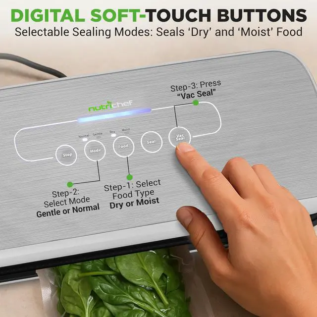 Alt view image 3 of 5 - Food Vacuum Sealer Machine - Automatic Air Sealing System for Dry & Moist Foods, LED Touch Controls, Includes Vacuum Bags, Hose & Wine Stopper, High Suction Power, 14"x6"x3", Silver