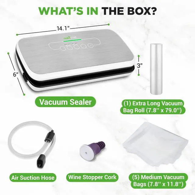 Alt view image 5 of 5 - Food Vacuum Sealer Machine - Automatic Air Sealing System for Dry & Moist Foods, LED Touch Controls, Includes Vacuum Bags, Hose & Wine Stopper, High Suction Power, 14"x6"x3", Silver