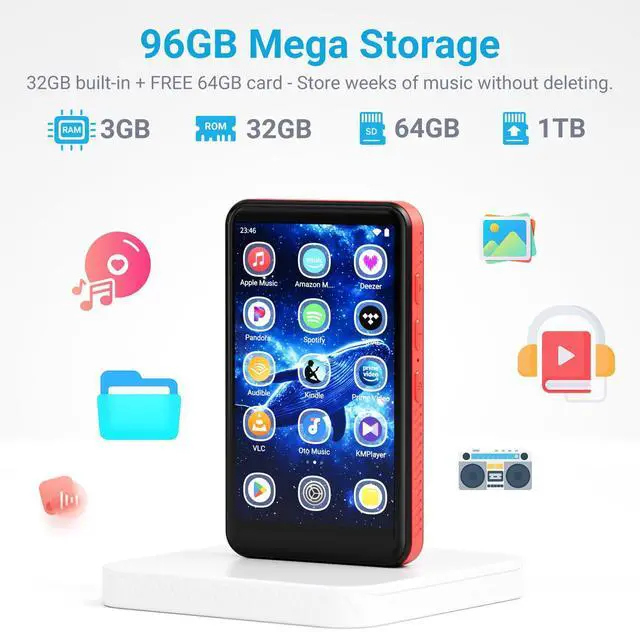 Alt view image 2 of 7 - 96GB MP3 Player with Bluetooth and WiFi, Android 10 OS MP3 & MP4 Players with 4" Touchscreen and Speaker,Music Players with Spotify,Pandora, Audible, Amazon Music, Play Store