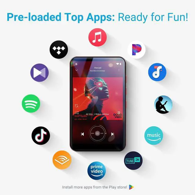 Alt view image 4 of 7 - 96GB MP3 Player with Bluetooth and WiFi, Android 10 OS MP3 & MP4 Players with 4" Touchscreen and Speaker,Music Players with Spotify,Pandora, Audible, Amazon Music, Play Store