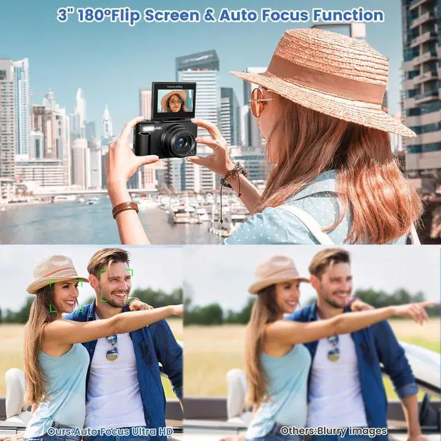 Alt view image 2 of 6 - 4K Digital Camera for Photography with 3" 180°Flip Screen,64MP Vlogging Camera for YouTube, HD WiFi Compact Camera with Flash, 18X Digital Zoom, 32GB TF Card & 2 BatteriesBlack