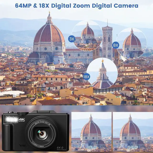 Alt view image 3 of 6 - 4K Digital Camera for Photography with 3" 180°Flip Screen,64MP Vlogging Camera for YouTube, HD WiFi Compact Camera with Flash, 18X Digital Zoom, 32GB TF Card & 2 BatteriesBlack