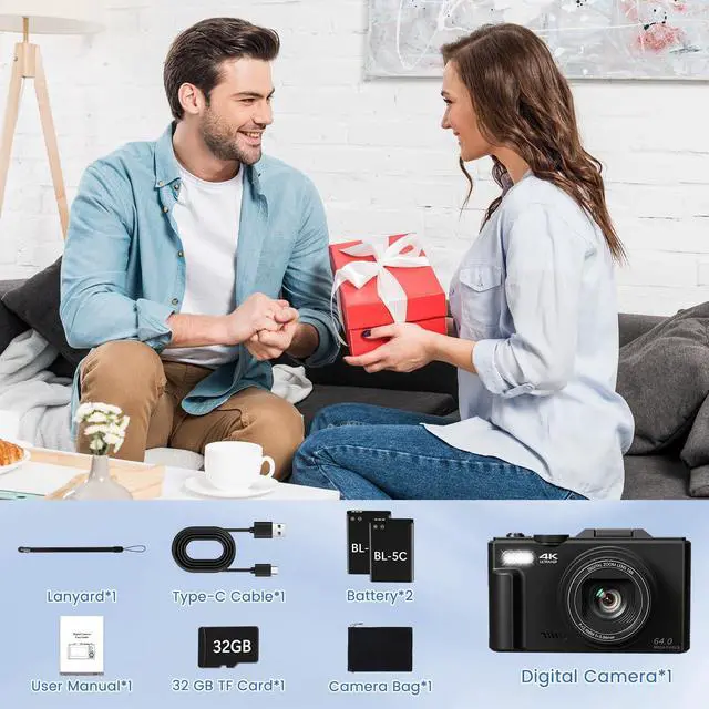 Alt view image 6 of 6 - 4K Digital Camera for Photography with 3" 180°Flip Screen,64MP Vlogging Camera for YouTube, HD WiFi Compact Camera with Flash, 18X Digital Zoom, 32GB TF Card & 2 BatteriesBlack