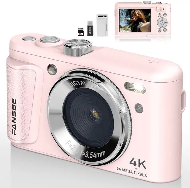 Main image of Digital Camera, 4K Vlogging Camera with 64MP, Point and Shoot Digital Cameras with 18X Zoom, Anti-Shake, Mode Dial, 32GB SD Card, Card Reader, Charger, Compact Small Cameras, Pink