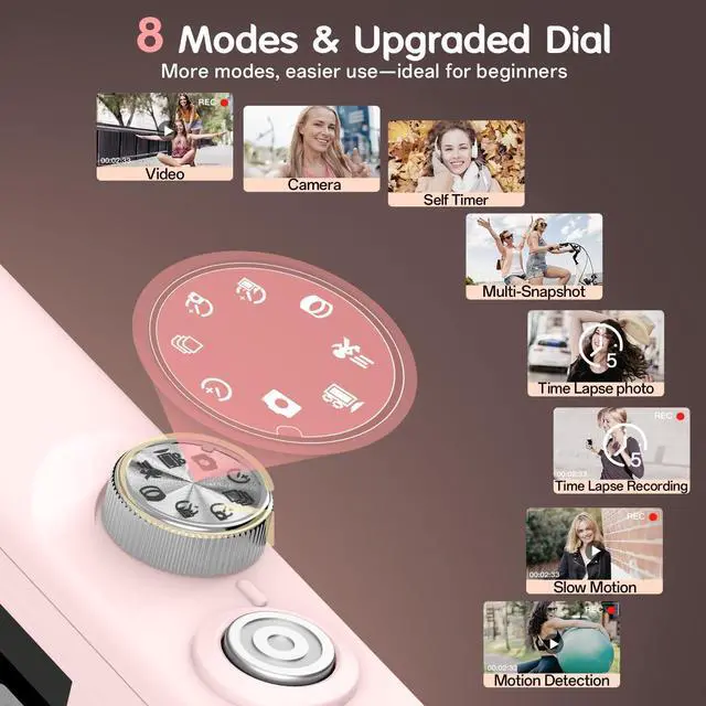 Alt view image 3 of 7 - Digital Camera, 4K Vlogging Camera with 64MP, Point and Shoot Digital Cameras with 18X Zoom, Anti-Shake, Mode Dial, 32GB SD Card, Card Reader, Charger, Compact Small Cameras, Pink