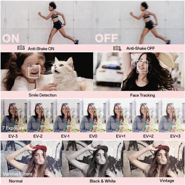 Alt view image 6 of 7 - Digital Camera, 4K Vlogging Camera with 64MP, Point and Shoot Digital Cameras with 18X Zoom, Anti-Shake, Mode Dial, 32GB SD Card, Card Reader, Charger, Compact Small Cameras, Pink