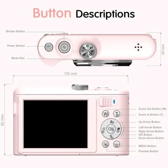 Alt view image 7 of 7 - Digital Camera, 4K Vlogging Camera with 64MP, Point and Shoot Digital Cameras with 18X Zoom, Anti-Shake, Mode Dial, 32GB SD Card, Card Reader, Charger, Compact Small Cameras, Pink