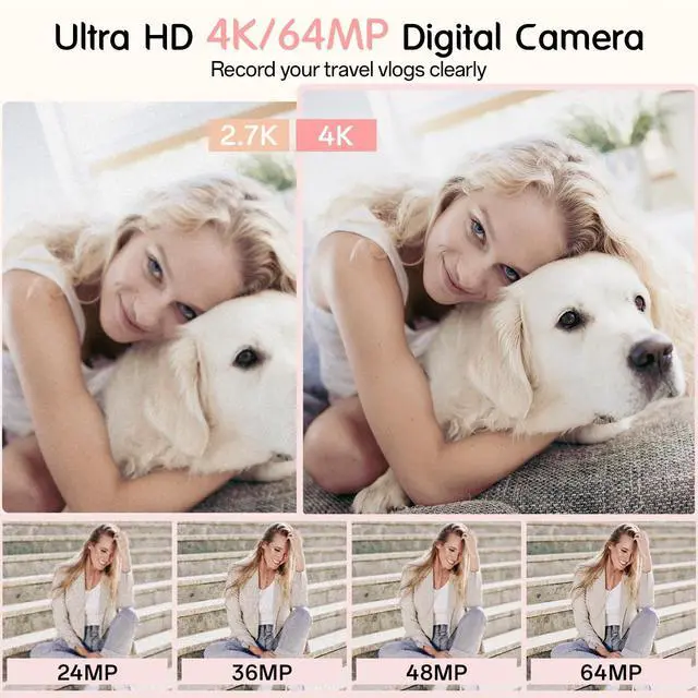 Alt view image 2 of 7 - Digital Camera, 4K Vlogging Camera with 64MP, Point and Shoot Digital Cameras with 18X Zoom, Anti-Shake, Mode Dial, 32GB SD Card, Card Reader, Charger, Compact Small Cameras, Pink