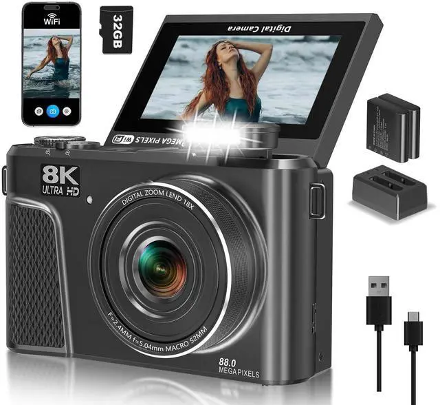 Main image of 8K Digital Camera with 88MP & 3" 180° Flip Screen - 18X Zoom Auto Focus Vlogging Camera for YouTube/Photography, Includes 32GB SD Card & 2 Batteries (Gunmetal)