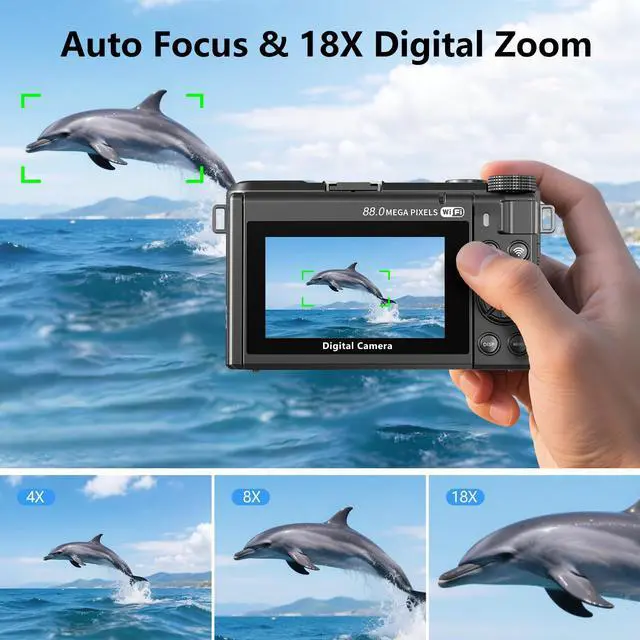 Alt view image 3 of 7 - 8K Digital Camera with 88MP & 3" 180° Flip Screen - 18X Zoom Auto Focus Vlogging Camera for YouTube/Photography, Includes 32GB SD Card & 2 Batteries (Gunmetal)