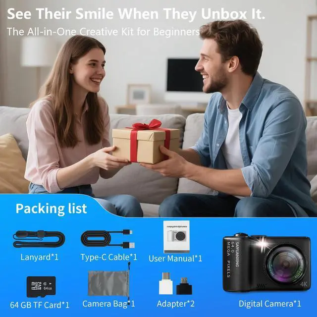 Alt view image 7 of 7 - 16X Zoom 4K Digital Camera for Photography and Video, Point and Shoot Digital Cameras with Flip Screen, Small Digital Camera with Wifi and Bluetooth, Vlogging Camera for Youtube Video Recording(White)