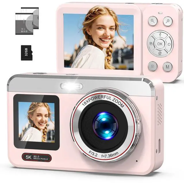 Main image of Digital Camera, 5K Vlogging Camera for Photography, 80MP Dual Screen Point and Shoot Digital Camera with Auto Focus, 18X Zoom, Flash, 2 Batteries, 32GB Card for Teens and Adults (Pink)