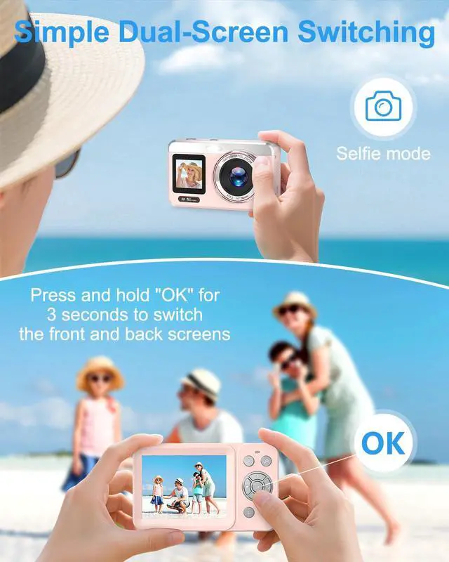 Alt view image 3 of 7 - Digital Camera, 5K Vlogging Camera for Photography, 80MP Dual Screen Point and Shoot Digital Camera with Auto Focus, 18X Zoom, Flash, 2 Batteries, 32GB Card for Teens and Adults (Pink)