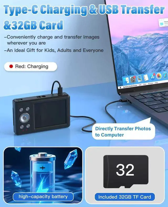 Alt view image 5 of 6 - Digital Camera for Kids, FHD 1080P 56MP Autofocus Point and Shoot with 16X Zoom, 32GB TF Card, Battery, Flash, Face Detect, Anti Shake, Compact Travel Cameras for Boys Girls Teens Kids GiftBlack