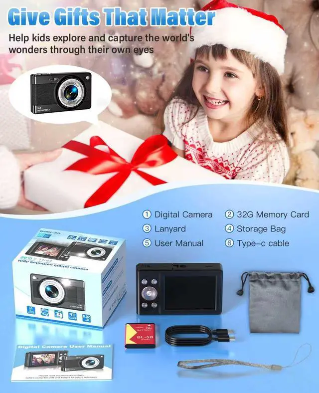 Alt view image 6 of 6 - Digital Camera for Kids, FHD 1080P 56MP Autofocus Point and Shoot with 16X Zoom, 32GB TF Card, Battery, Flash, Face Detect, Anti Shake, Compact Travel Cameras for Boys Girls Teens Kids GiftBlack