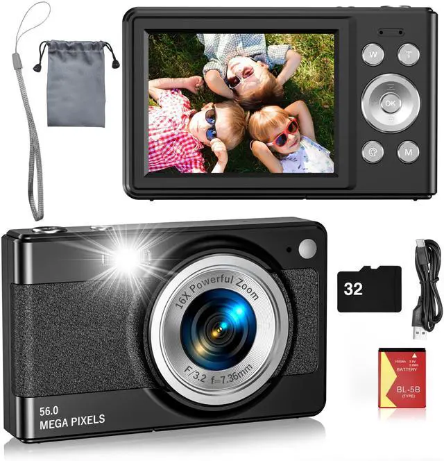 Main image of Digital Camera for Kids, FHD 1080P 56MP Autofocus Point and Shoot with 16X Zoom, 32GB TF Card, Battery, Flash, Face Detect, Anti Shake, Compact Travel Cameras for Boys Girls Teens Kids GiftBlack