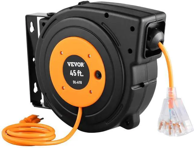 Main image of Retractable Extension Cord Reel, 45 FT, Heavy Duty 12AWG/3C SJTOW Power Cord, with Lighted Triple Tap Outlet, 15 Amp Circuit Breaker, 180° Swivel Bracket for Ceiling or Wall Mount