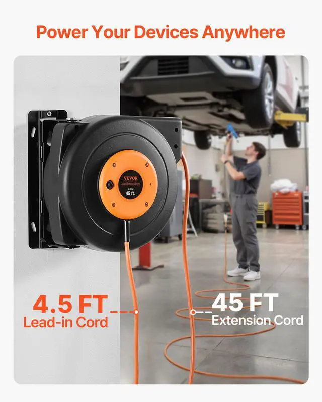 Alt view image 2 of 7 - Retractable Extension Cord Reel, 45 FT, Heavy Duty 12AWG/3C SJTOW Power Cord, with Lighted Triple Tap Outlet, 15 Amp Circuit Breaker, 180° Swivel Bracket for Ceiling or Wall Mount