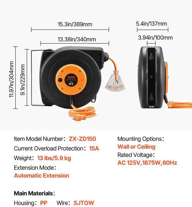 Alt view image 7 of 7 - Retractable Extension Cord Reel, 45 FT, Heavy Duty 12AWG/3C SJTOW Power Cord, with Lighted Triple Tap Outlet, 15 Amp Circuit Breaker, 180° Swivel Bracket for Ceiling or Wall Mount