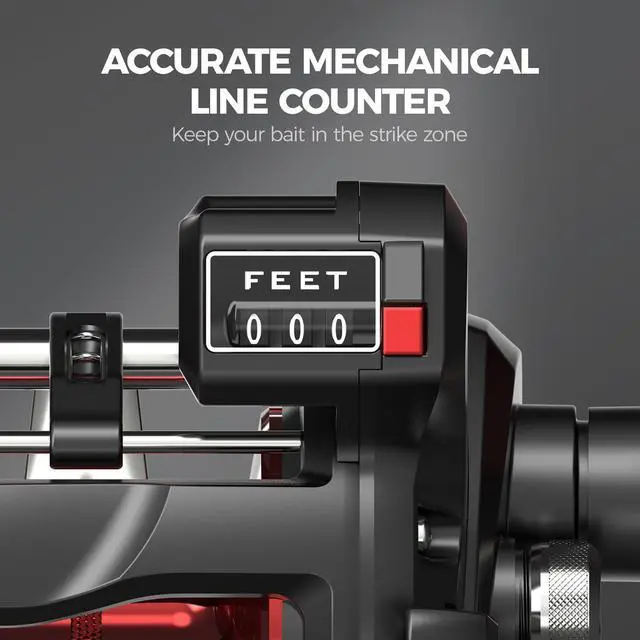 Alt view image 3 of 7 - ReKon Line Counter Trolling Fishing Reel, Round Baitcasting Reels, Left Handed, Size 10