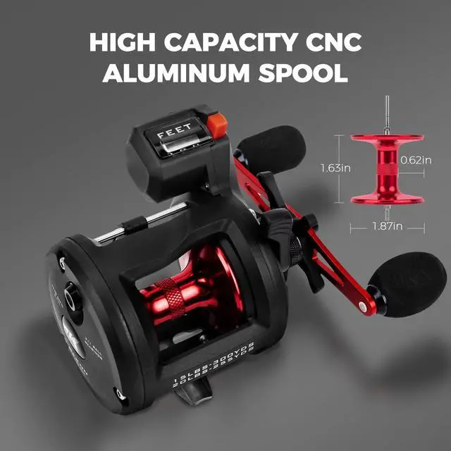 Alt view image 7 of 7 - ReKon Line Counter Trolling Fishing Reel, Round Baitcasting Reels, Left Handed, Size 10