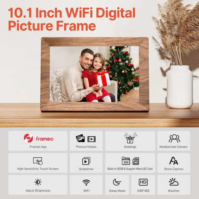 Alt view image 5 of 7 - Frameo 10.1" Digital Picture Frame with 32GB Memory WiFi Electronic Photo Frame Wood 1280 x 800 IPS Touch Screen Auto-Rotate Slideshow Wall Mountable Share Photos/Video Remotely Anywhere