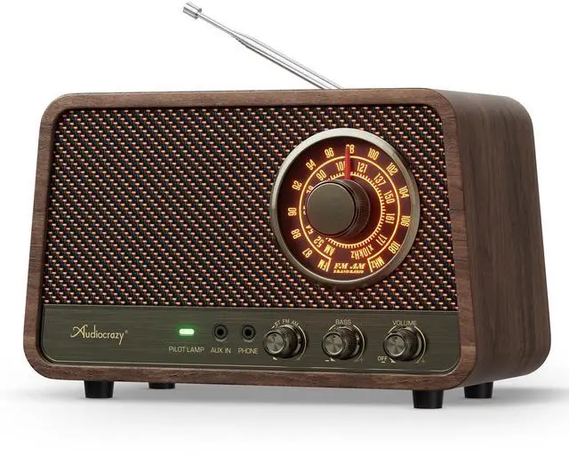 Main image of Vintage Wooden AM FM Bluetooth Radio with Plug in Wall, Retro Bluetooth Speaker Radio with Aux in | Headphone Jack | Bass Control, for Home, Office, Kitchen