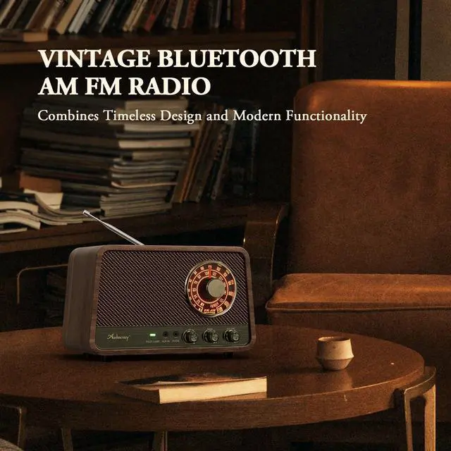 Alt view image 2 of 7 - Vintage Wooden AM FM Bluetooth Radio with Plug in Wall, Retro Bluetooth Speaker Radio with Aux in | Headphone Jack | Bass Control, for Home, Office, Kitchen