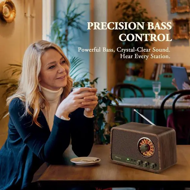 Alt view image 5 of 7 - Vintage Wooden AM FM Bluetooth Radio with Plug in Wall, Retro Bluetooth Speaker Radio with Aux in | Headphone Jack | Bass Control, for Home, Office, Kitchen