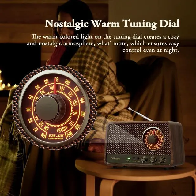 Alt view image 6 of 7 - Vintage Wooden AM FM Bluetooth Radio with Plug in Wall, Retro Bluetooth Speaker Radio with Aux in | Headphone Jack | Bass Control, for Home, Office, Kitchen