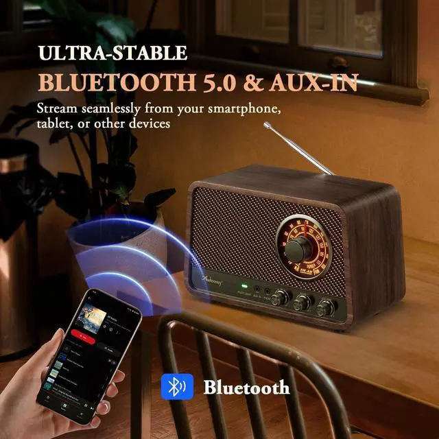 Alt view image 4 of 7 - Vintage Wooden AM FM Bluetooth Radio with Plug in Wall, Retro Bluetooth Speaker Radio with Aux in | Headphone Jack | Bass Control, for Home, Office, Kitchen