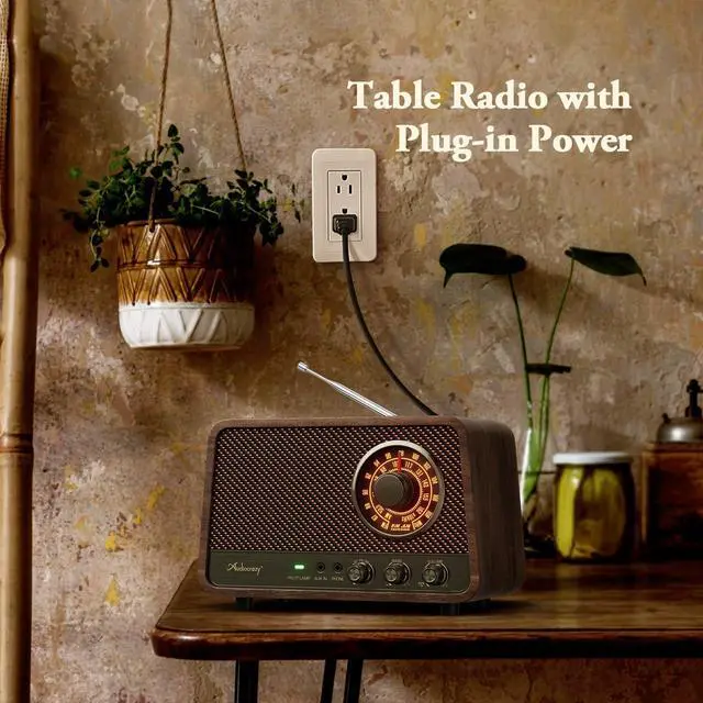 Alt view image 7 of 7 - Vintage Wooden AM FM Bluetooth Radio with Plug in Wall, Retro Bluetooth Speaker Radio with Aux in | Headphone Jack | Bass Control, for Home, Office, Kitchen