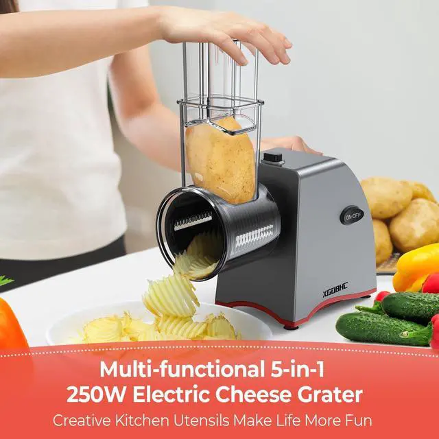 Alt view image 2 of 7 - Electric Cheese Grater, Upgraded Salad Maker with 5 Replaceable Stainless Blades, 250W Electric Cheese Shredder, One-Touch Control Vegetable Cutter Kitchen Slicer for Cheeses, Fruits, Nuts