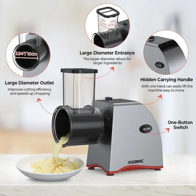 Alt view image 4 of 7 - Electric Cheese Grater, Upgraded Salad Maker with 5 Replaceable Stainless Blades, 250W Electric Cheese Shredder, One-Touch Control Vegetable Cutter Kitchen Slicer for Cheeses, Fruits, Nuts