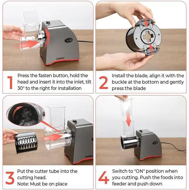Alt view image 6 of 7 - Electric Cheese Grater, Upgraded Salad Maker with 5 Replaceable Stainless Blades, 250W Electric Cheese Shredder, One-Touch Control Vegetable Cutter Kitchen Slicer for Cheeses, Fruits, Nuts