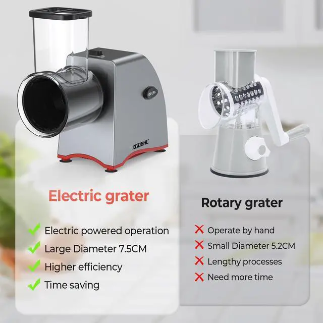 Alt view image 5 of 7 - Electric Cheese Grater, Upgraded Salad Maker with 5 Replaceable Stainless Blades, 250W Electric Cheese Shredder, One-Touch Control Vegetable Cutter Kitchen Slicer for Cheeses, Fruits, Nuts