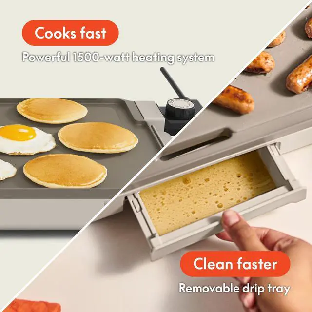 Alt view image 4 of 7 - 12" x 22" Electric Griddle with EverGood Ceramic Nonstick Coating, Removable Temperature Probe, Dishwasher-Safe Drip Tray & Cool Touch Handles, Cook up to 15 Eggs, 1500 Watt, Oatmilk