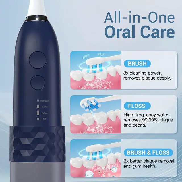 Alt view image 2 of 7 - Upgraded 2-in-1 Electric Toothbrush with Water Flosser, Ultrasonic Cleaning & 3+4 Smart Modes, Portable Oral Irrigator with Point-Jet, Rechargeable IPX7 Waterproof for Home & Travel Use