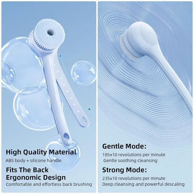 Alt view image 5 of 7 - Electric Body Brush Back Scrubber for Shower, Waterproof Long Dual Handle Power Body Scrubber with 3 Heads, Rechargeable Bath Brush & 2 Speeds, for Cleansing, Exfoliating and Massaging Skin