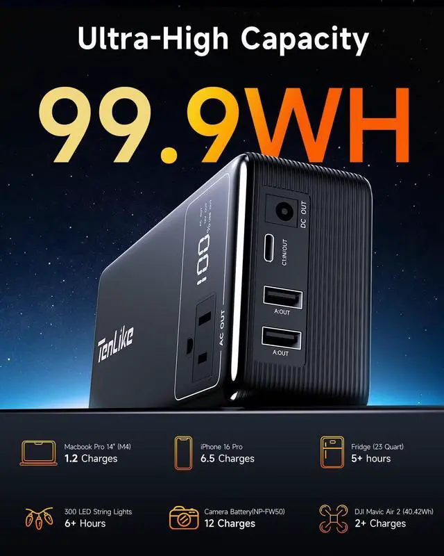 Alt view image 4 of 7 - Portable Power Station 99.9Wh Power Bank for Camping Essentials Small Electric Mini Generator Large Lithium Battery with 110V AC Plug in Output 60W Type-C Laptop Home Backup Outdoor Emergency