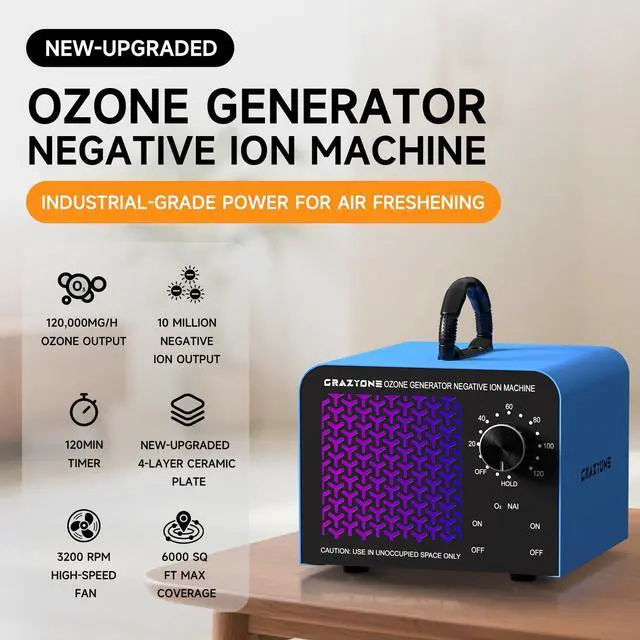 Alt view image 2 of 7 - 120,000mg/h Ozone Generator, High-Capacity Ozone Odor Eliminator with Negative Ion, Ozone Machine Odor Removal for Car, Home, Pets, Smoke, Commercial/Industrial Use - Covers Up to 6,000 Sq.Ft