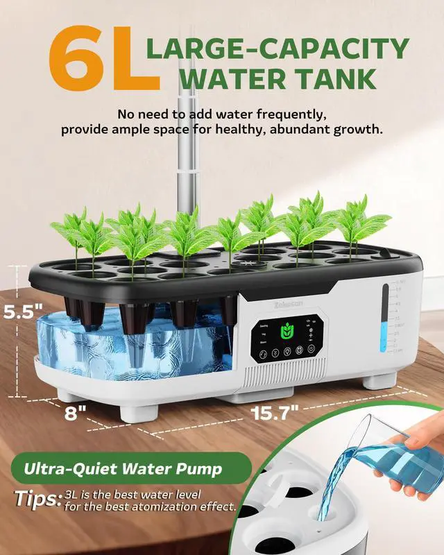 Alt view image 6 of 7 - Misting Hydroponic Growing System Kit 15-Pods Indoor Smart Herb Garden Planter with LCD Touch Panel 6L Large Tank for Herb/Vegetables/Flowers/Fruits,Birthday&Christmas Gifts for Gardening Beginners