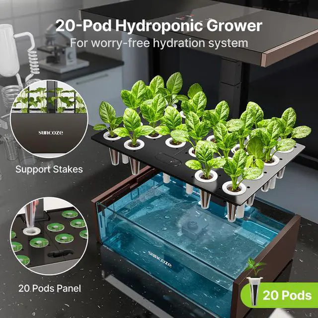 Alt view image 4 of 7 - Hydroponics Growing System Kit, 20 Pods Indoor Herb Garden with 10L Water Tank & Adjustable Height 25", 30W LED Grow Light, LCD Display with Veg/Flower Modes, Pump & Low Water Reminder, Black