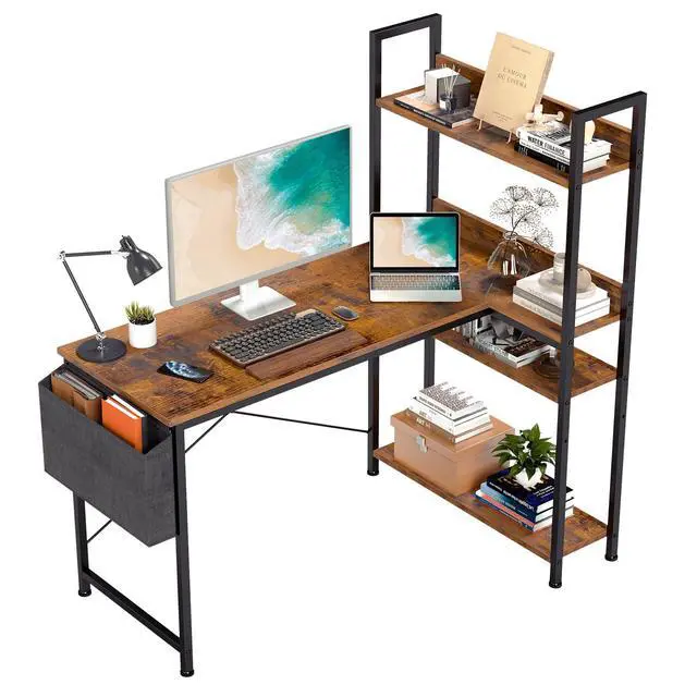 Alt view image 2 of 7 - L Shaped Desk Corner Computer Table 47 Inch, L-Shaped Gaming Desks with Storage Shelf Reversible, Wood Tables with Side Bag Adjustable Feet for 2 Monitors Small Space Home Office Bedroom, Brown