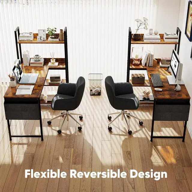 Alt view image 4 of 7 - L Shaped Desk Corner Computer Table 47 Inch, L-Shaped Gaming Desks with Storage Shelf Reversible, Wood Tables with Side Bag Adjustable Feet for 2 Monitors Small Space Home Office Bedroom, Brown