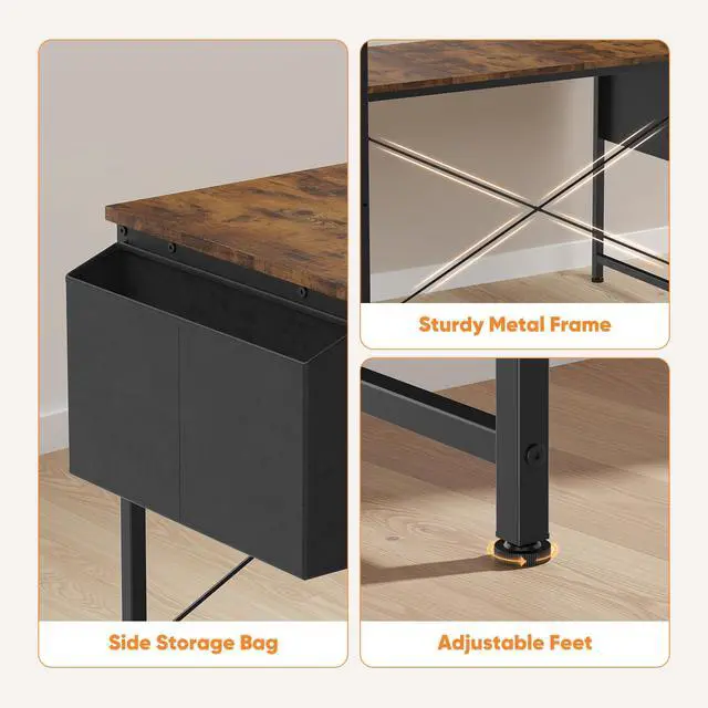 Alt view image 5 of 7 - L Shaped Desk Corner Computer Table 47 Inch, L-Shaped Gaming Desks with Storage Shelf Reversible, Wood Tables with Side Bag Adjustable Feet for 2 Monitors Small Space Home Office Bedroom, Brown