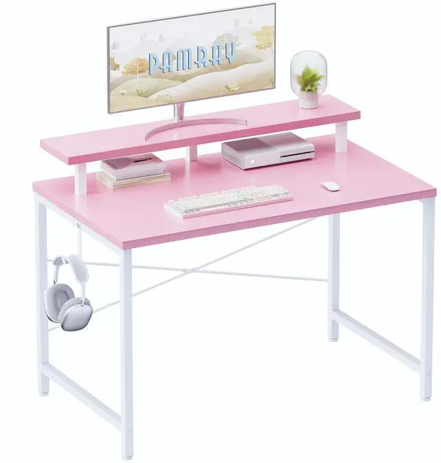 Main image of 32 Inch Small Computer Desk with Monitor Stand, Simple Office Desk with Headphone Hook for Small Spaces, Kids Study Writing Table for Bedroom, Pink
