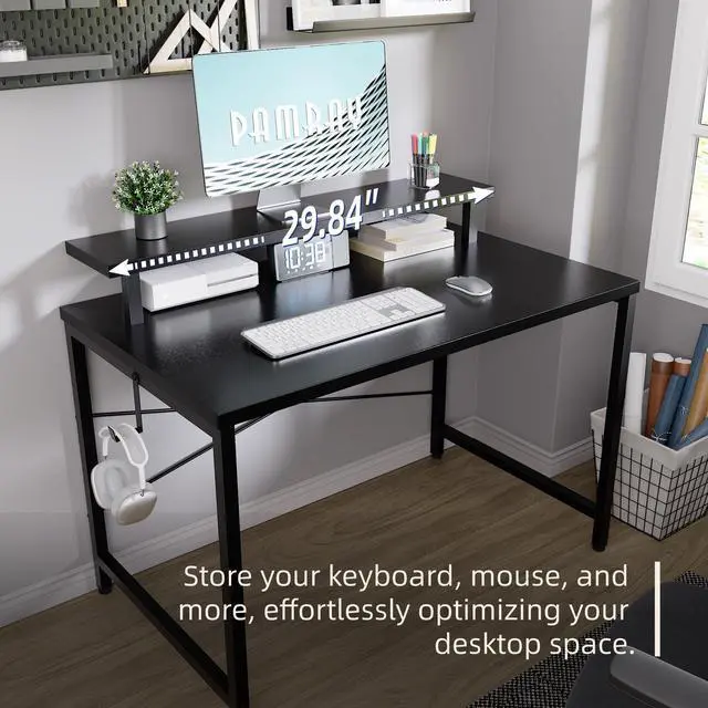 Alt view image 2 of 5 - 32 Inch Small Computer Desk with Monitor Stand, Simple Office Desk with Headphone Hook for Small Spaces, Kids Study Writing Table for Bedroom, Pink